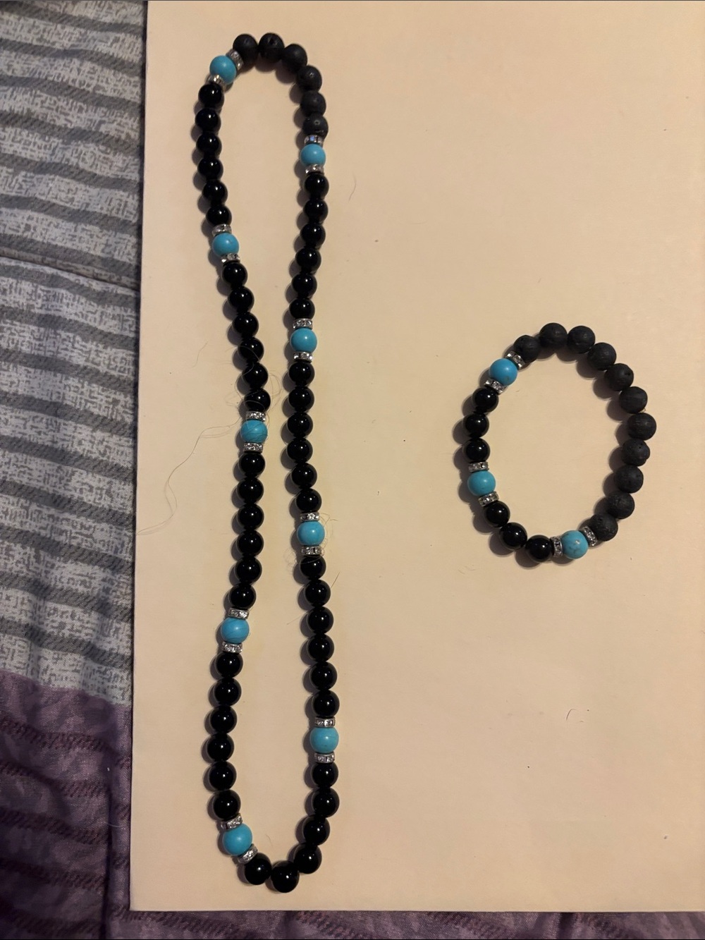 Hand Crafted Black and Turquoise Beaded Necklace with Matching Bracelet.